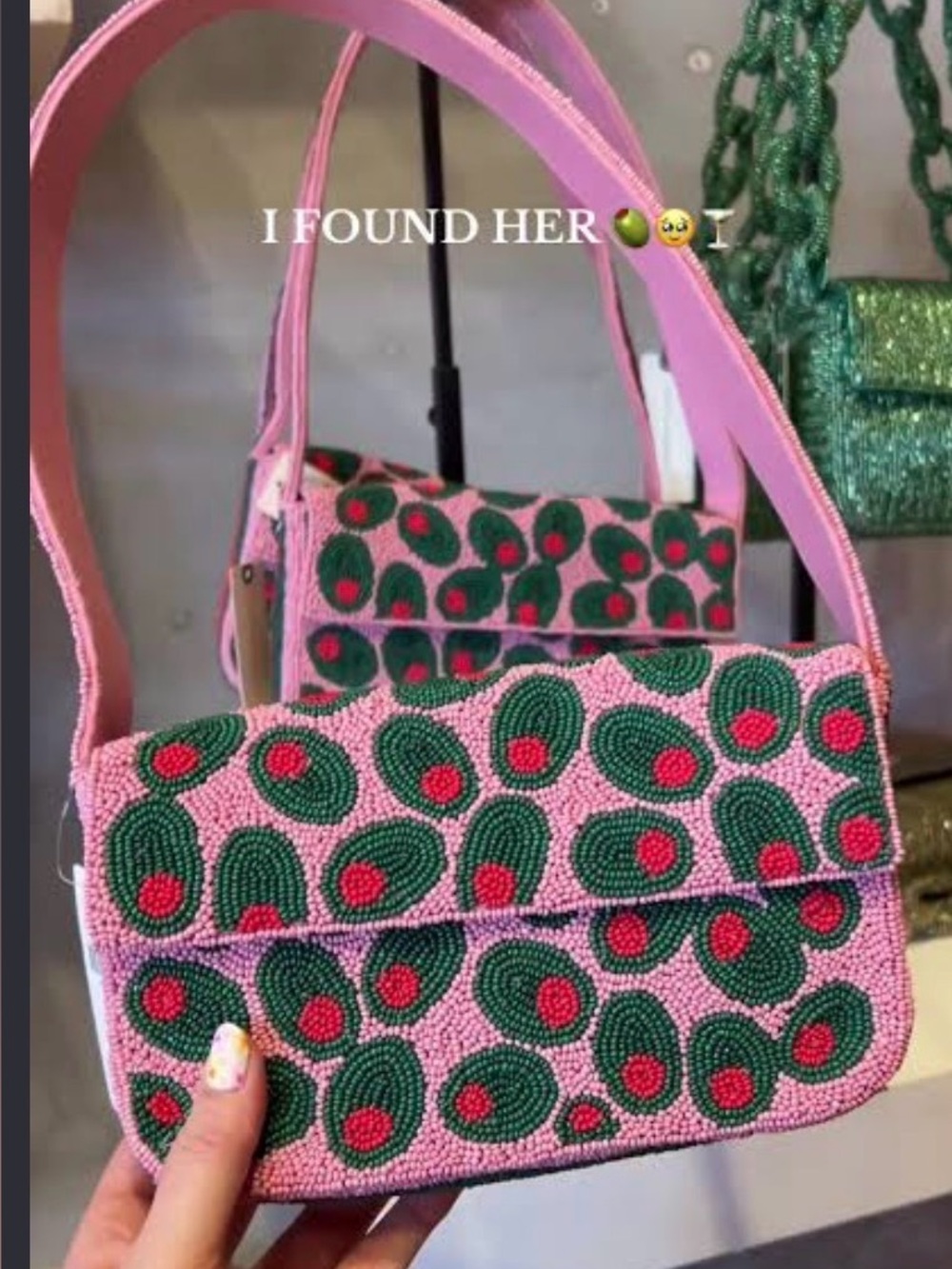 Anthropologie Maeve Fiona Beaded Bag Pink & Green Olives Martini